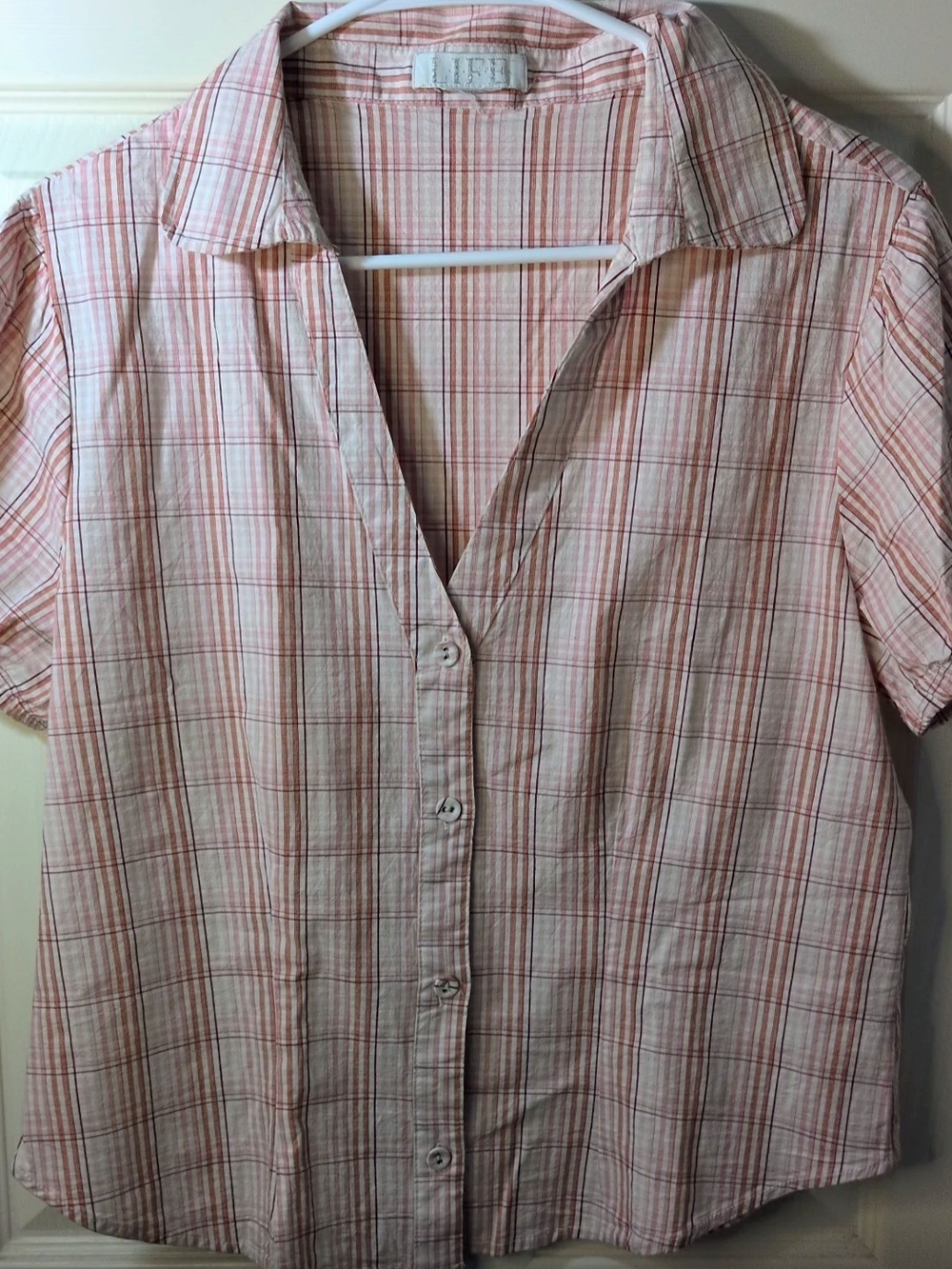 Life Is Good Light Pink Plaid Button-Front Blouse, Size Lg/Xl